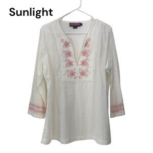 Vineyard Vines Women Ivory Embroidered Tunic Top-3/4 Sleeve SZ Large Soft Cotton